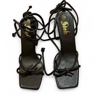 Shein Black Strappy Square Toe Lace Up Heels Women Size 7.5